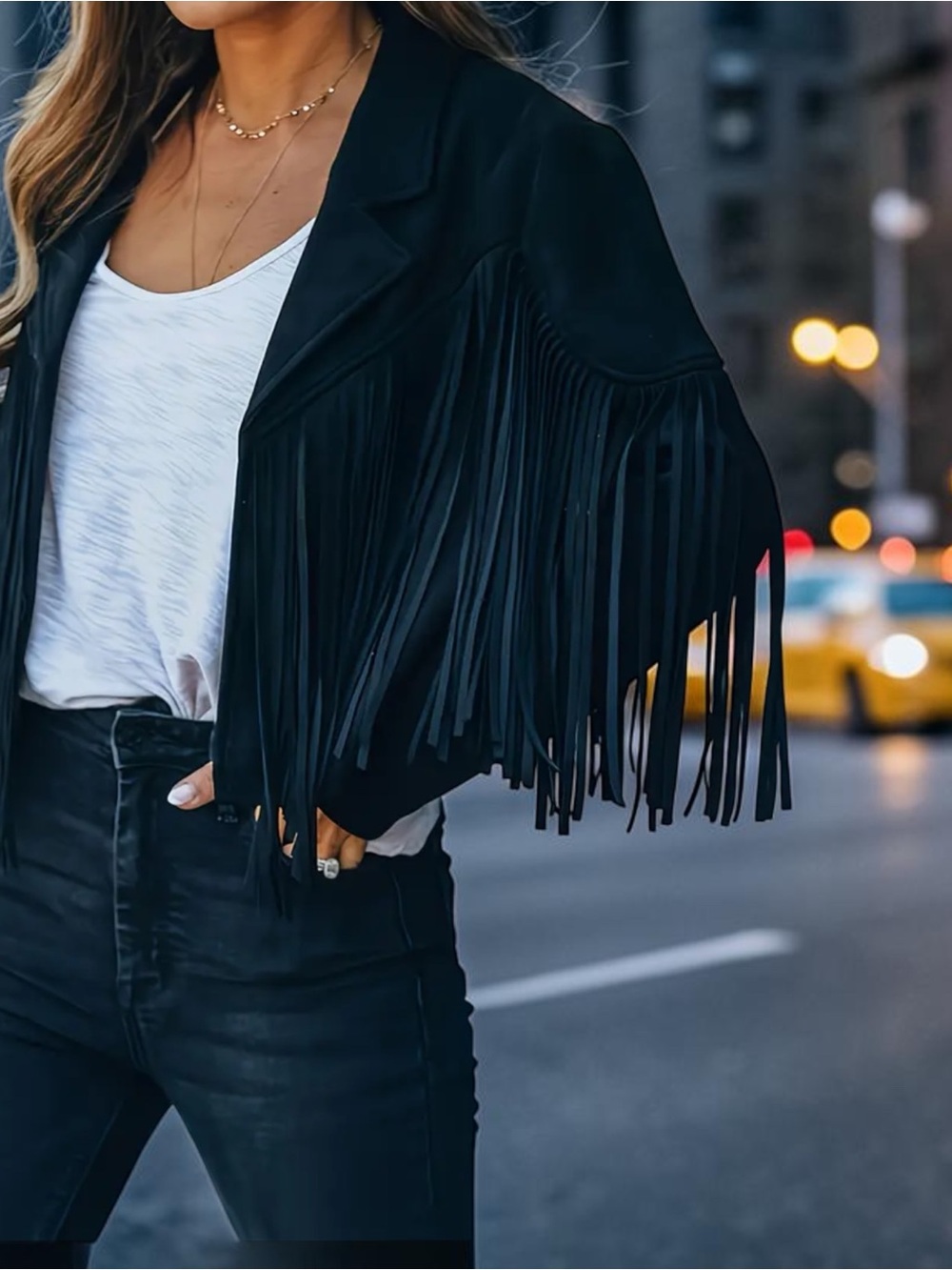 Fringe Cropped Jacket - Black Boho